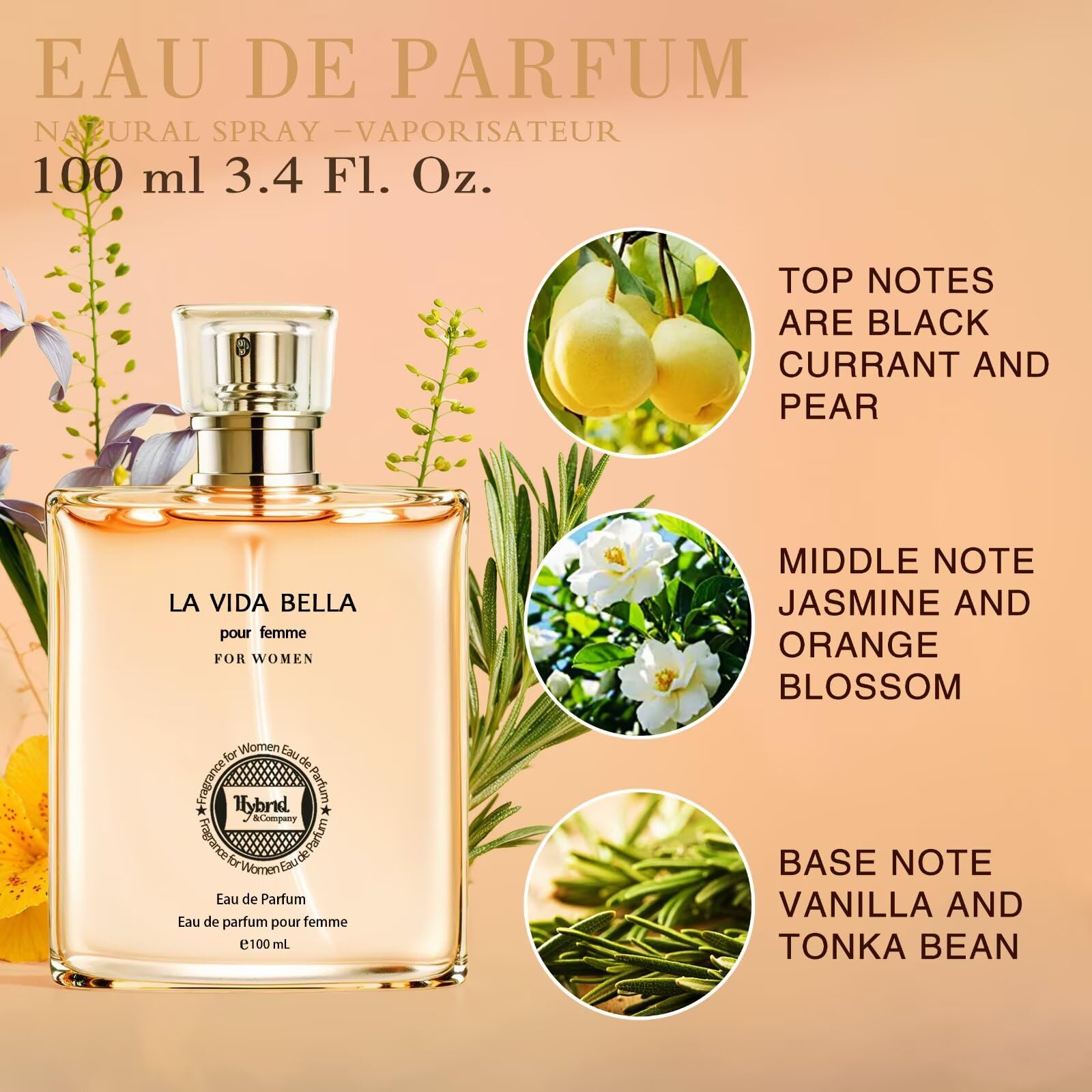 Hybrid & Company La Vida Bella Fragrance for Women Eau De Parfum Natural Spray Elegant Scent, 3.4 Fl Oz - Image 3