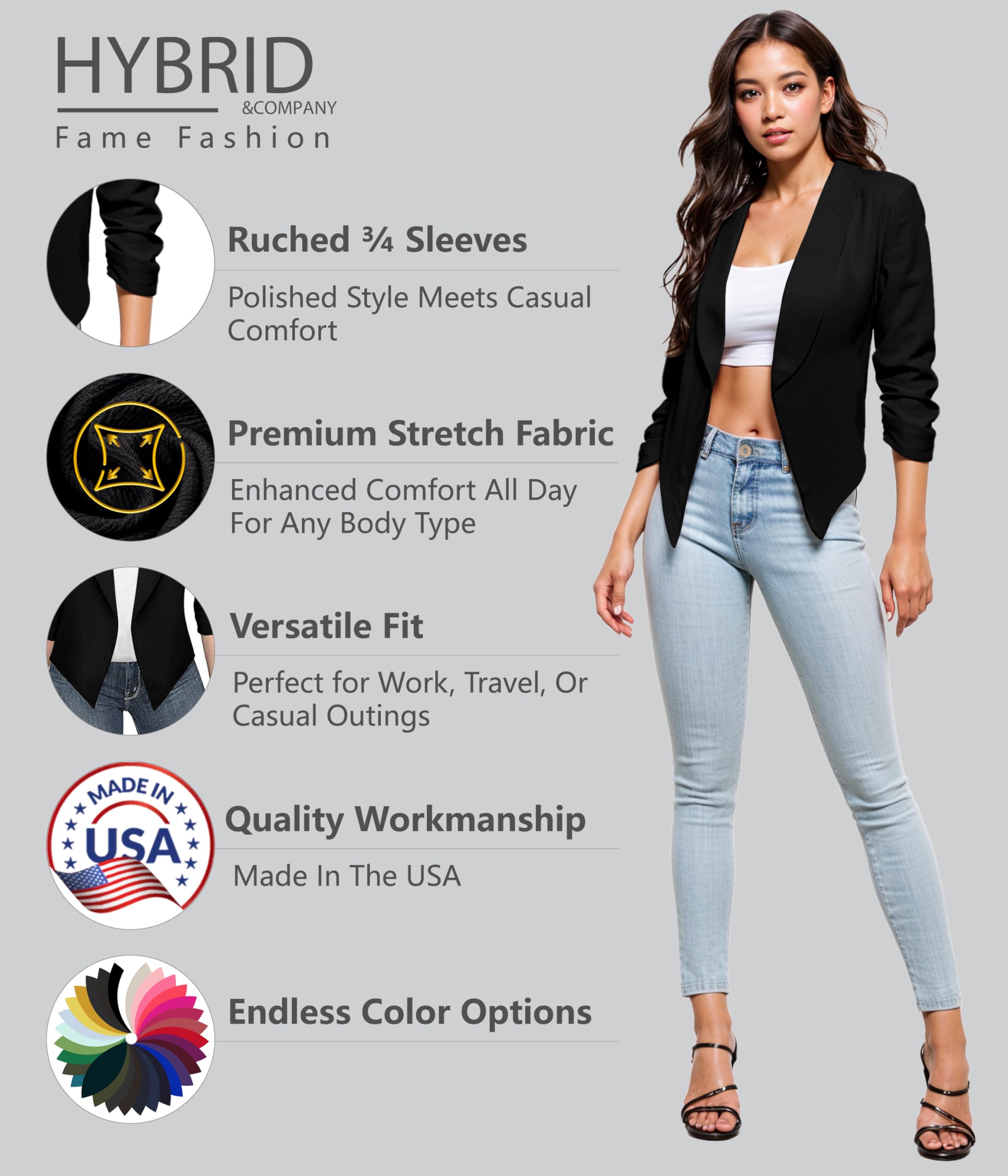 Hybrid & Company Lightweight Open Front Cardigan Classic Ruched Sleeve Work Office Blazer Suit Jackets - Image 3