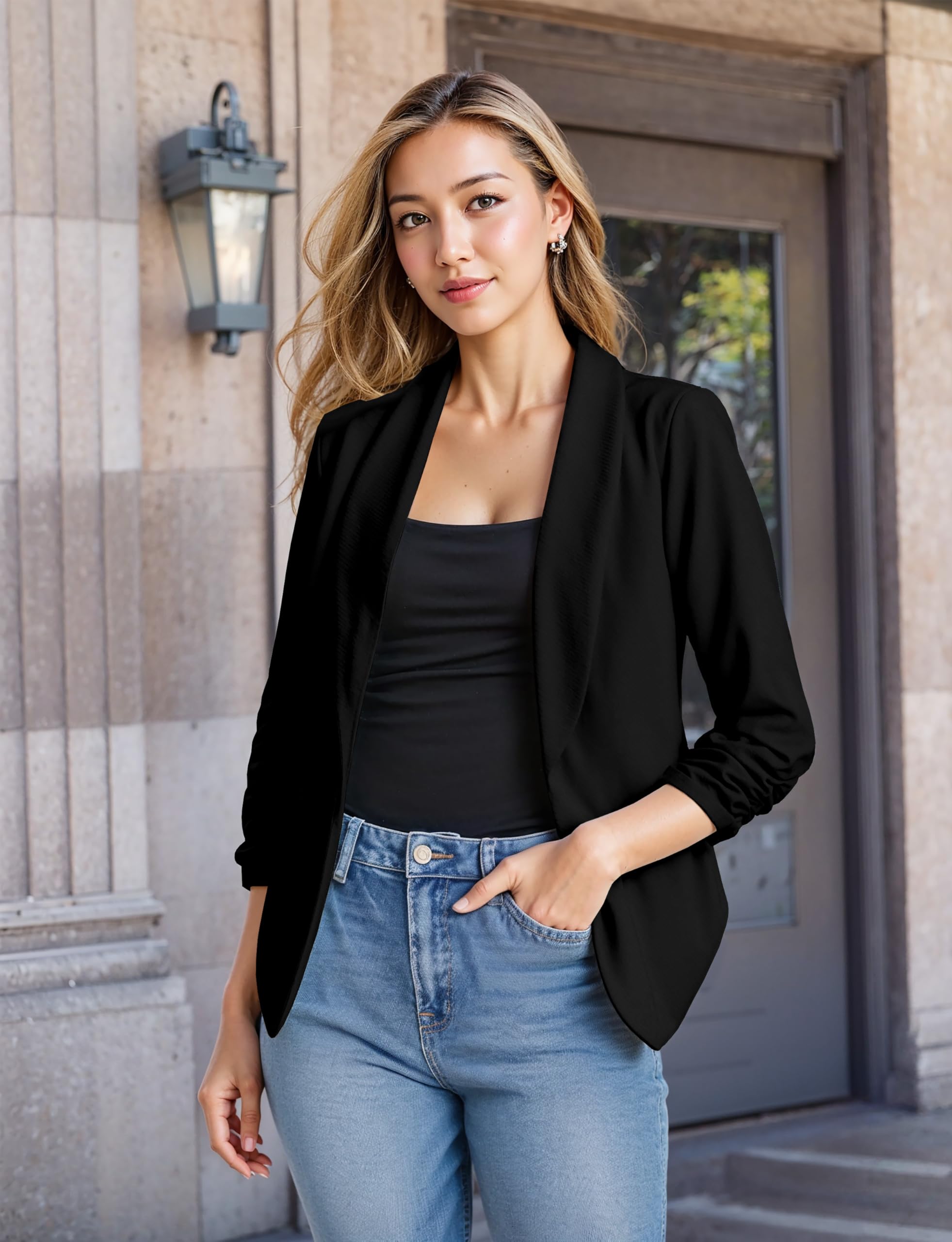 Hybrid & Company Lightweight Open Front Cardigan Classic Ruched Sleeve Work Office Blazer Suit Jackets - Image 6