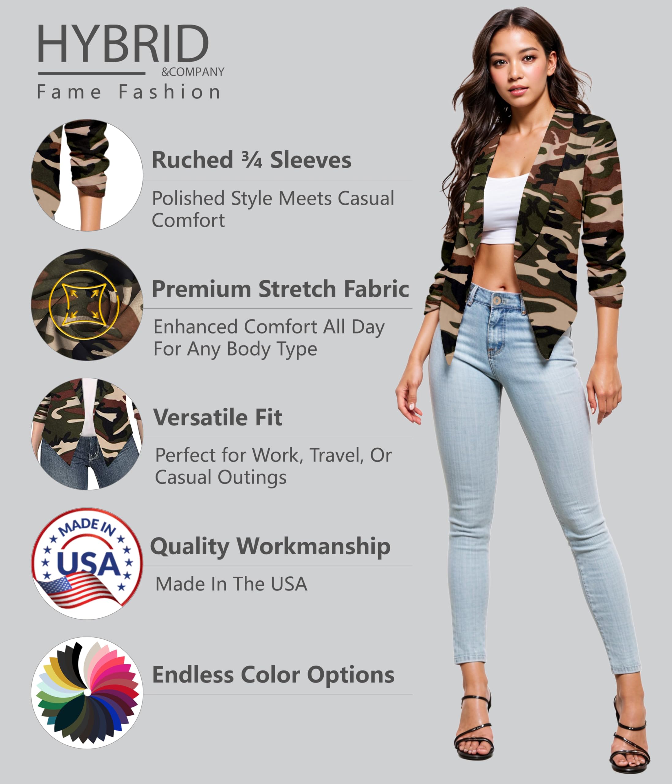 Hybrid & Company Women's Casual Work Office Blazer Jacket Open Front Shawl with 3/4 Scrunch Sleeves - Image 3