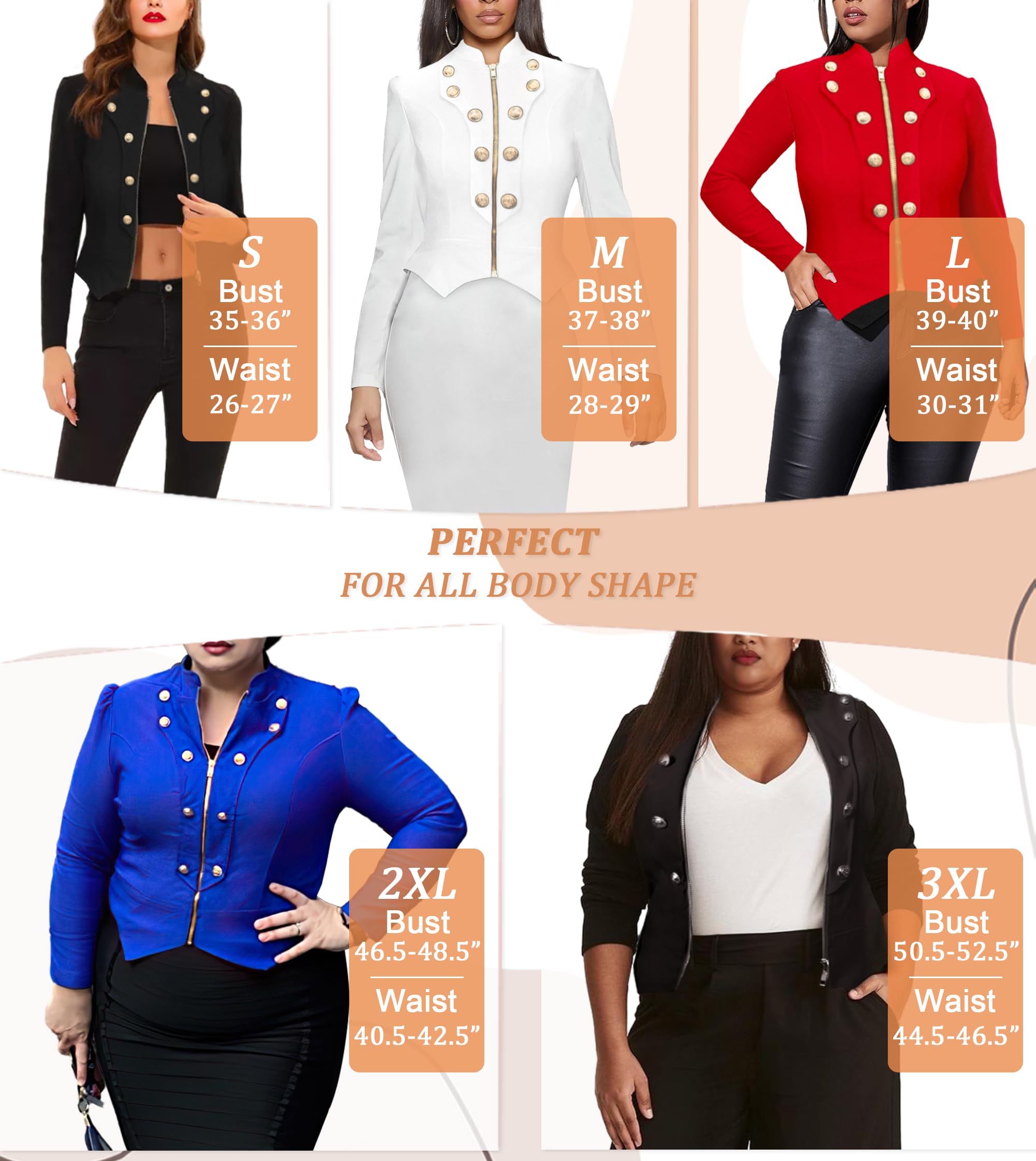 Hybrid & Company Women's Fashion Military Crop Premium Ultra Stretch Gold/Sliver Millennium Zipper Up Dressy Blazer Jacket - Image 4