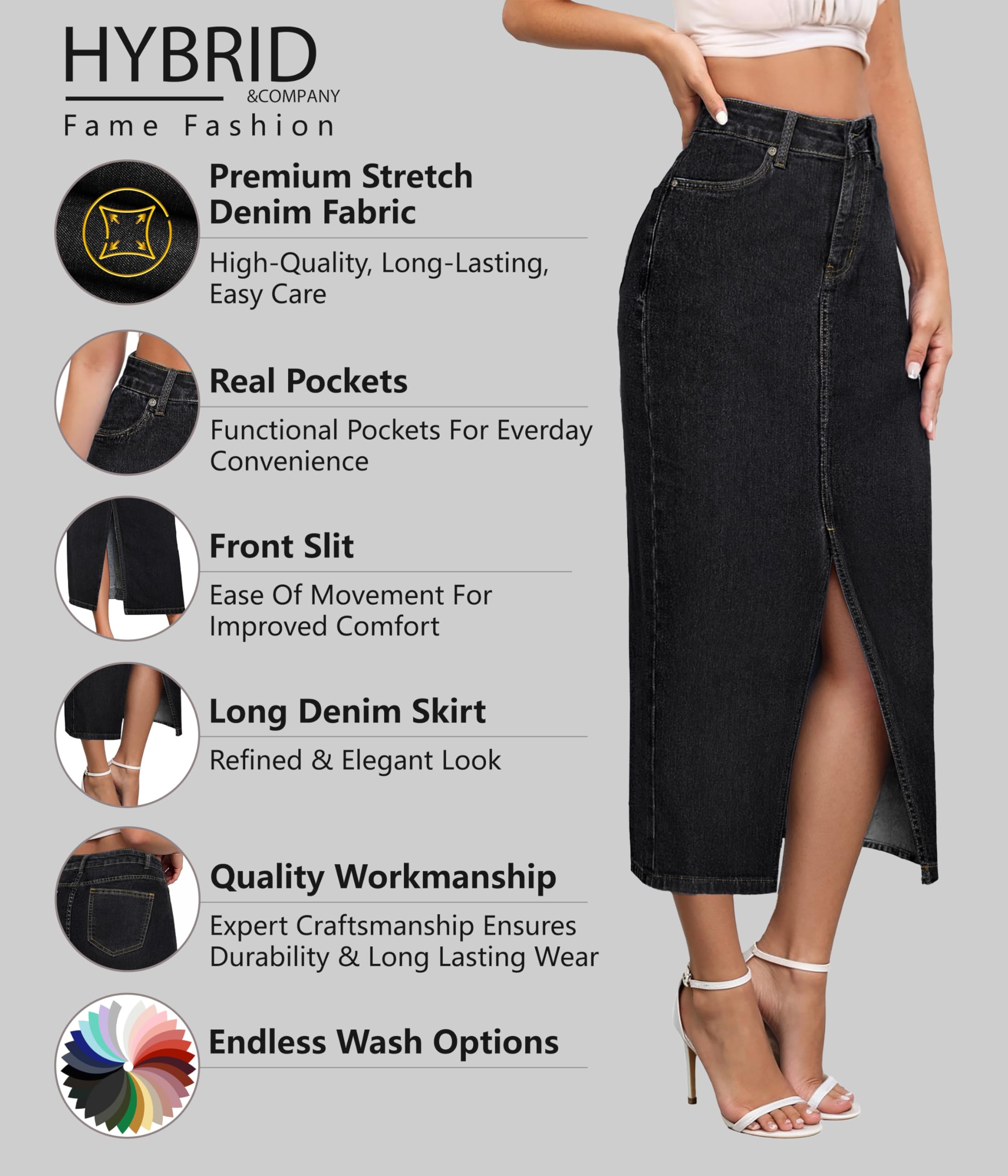 Hybrid & Company Women's Long Denim Skirt – Stretch Jean Skirt for Office and Casual Wear - Image 4