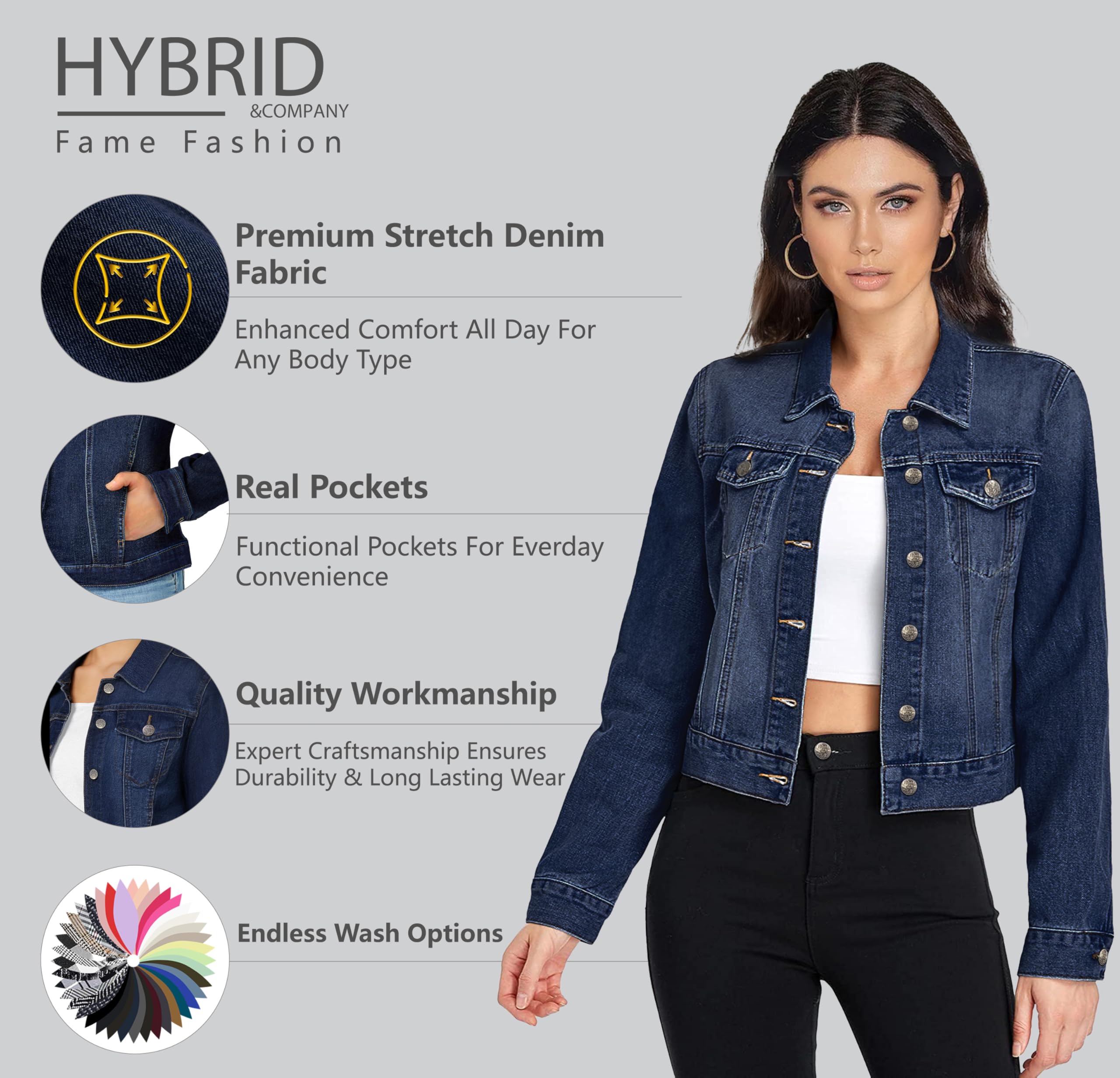 Hybrid & Company Women's Long Sleeve Denim Jackets Basic Button Down Jean Jacket with Pockets - Image 4