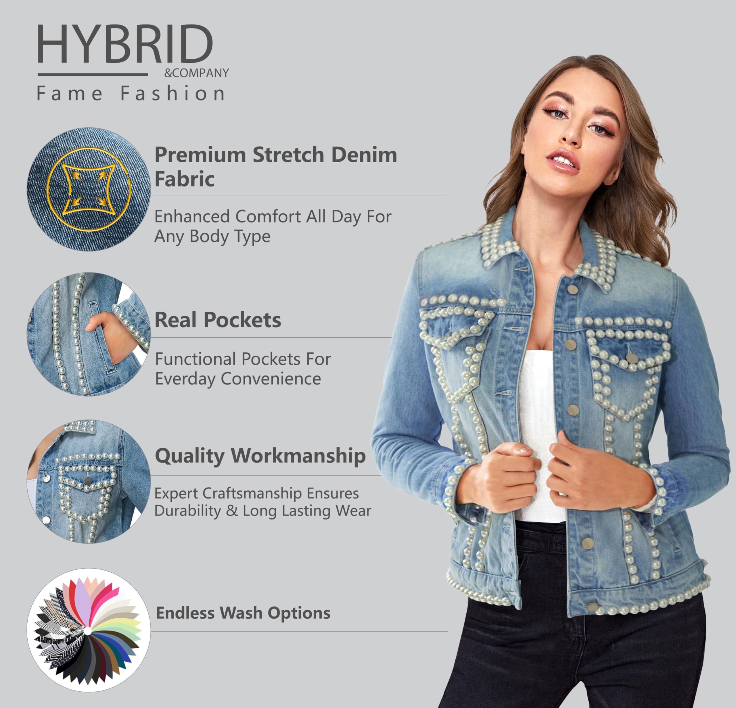 Hybrid & Company Women's Pearl Embroidered Denim Jacket with Pockets – Casual Beaded Jean Coat for Spring Fall Outfits - Image 4