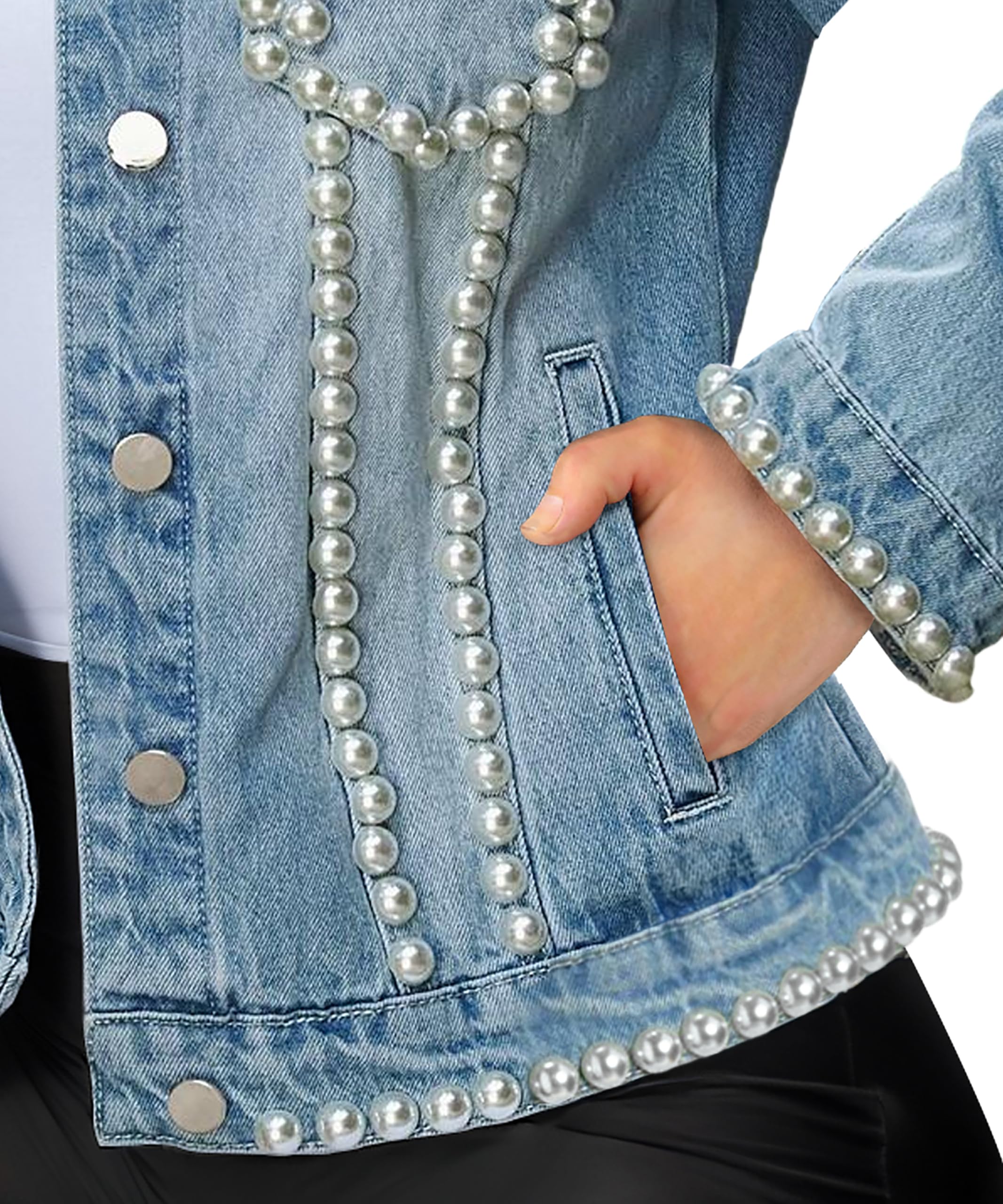 Hybrid & Company Women's Pearl Embroidered Denim Jacket with Pockets – Casual Beaded Jean Coat for Spring Fall Outfits - Image 5