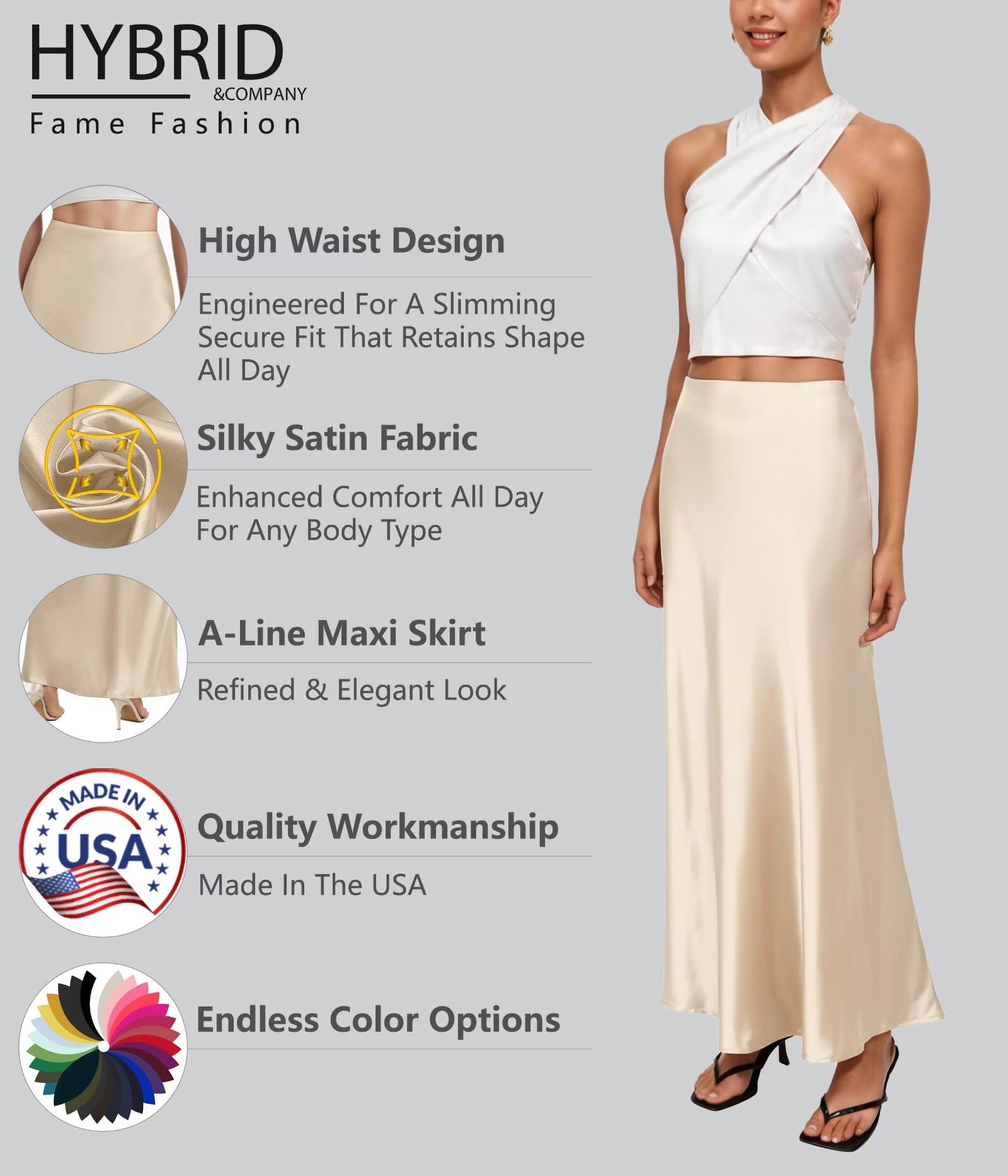 Hybrid & Company Women's Silky Satin Maxi Skirt - Stretch, High Waist, Casual & Office - Made in USA - Image 4