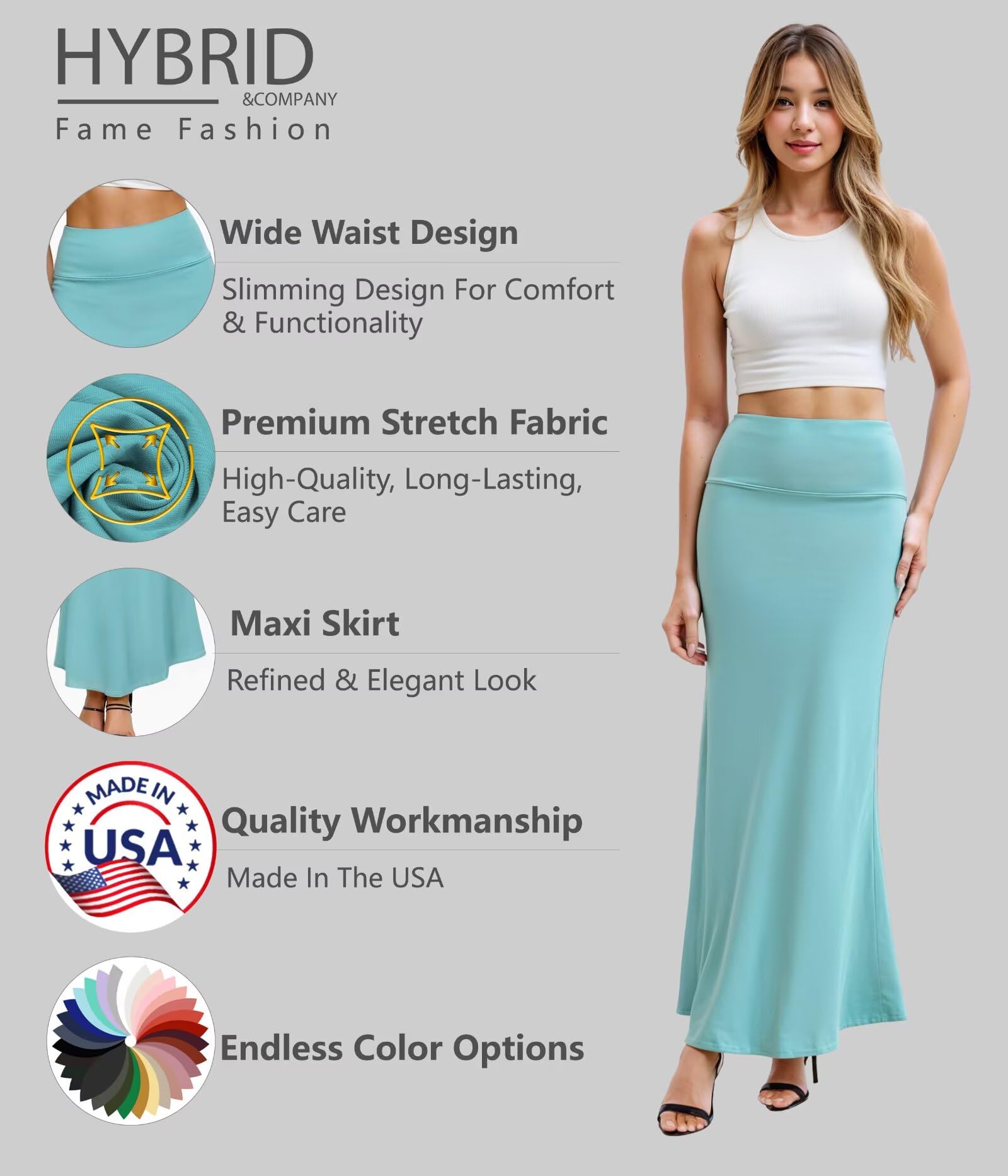 Hybrid & Company Women's Stretch Lightweight Flowy Maxi Skirt – Casual Fold Over Waist, Made in USA - Image 4