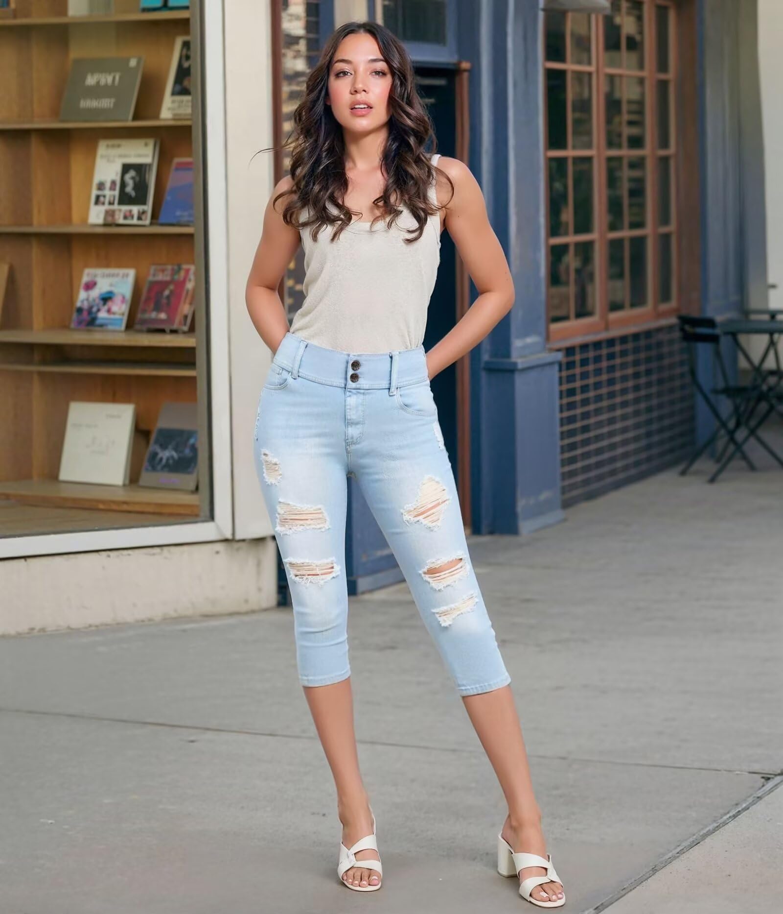 Hybrid & Company Women's Super Comfy Stretch Destructed Denim Bermuda Shorts Capri - Image 3