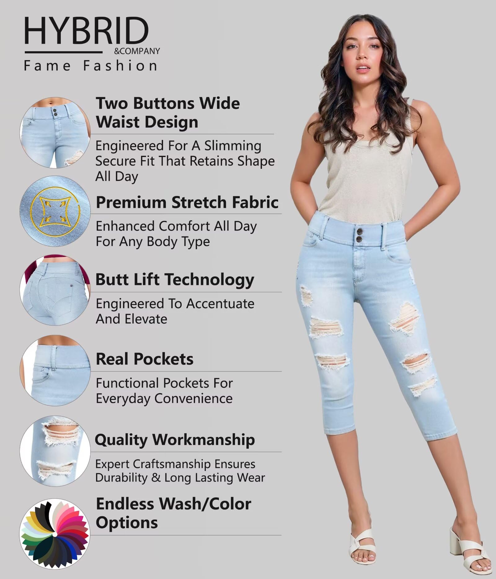 Hybrid & Company Women's Super Comfy Stretch Destructed Denim Bermuda Shorts Capri - Image 4