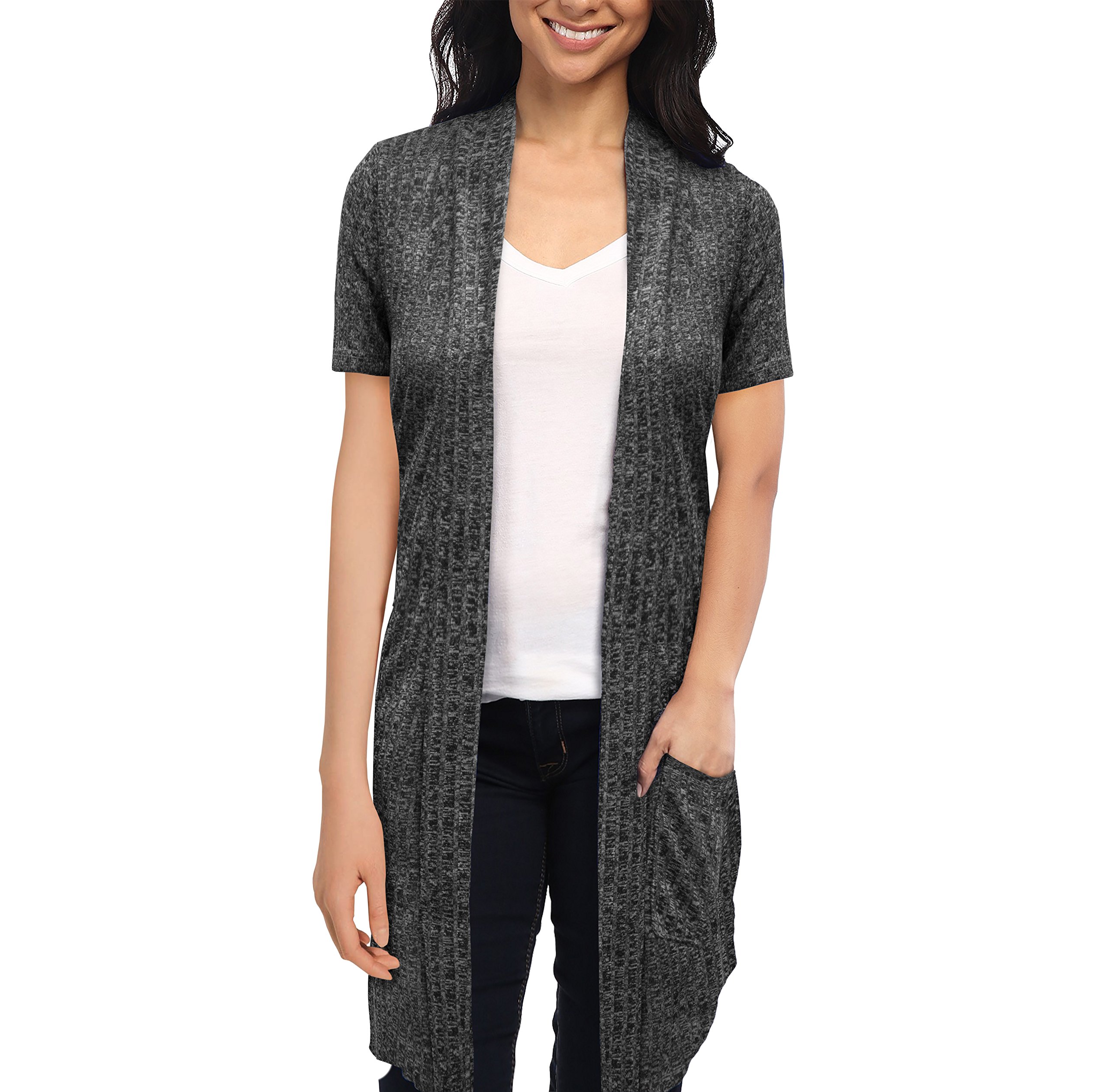 Hybrid & Company Womens Casual Short Sleeve Open Front Drape Cardigan - Image 3