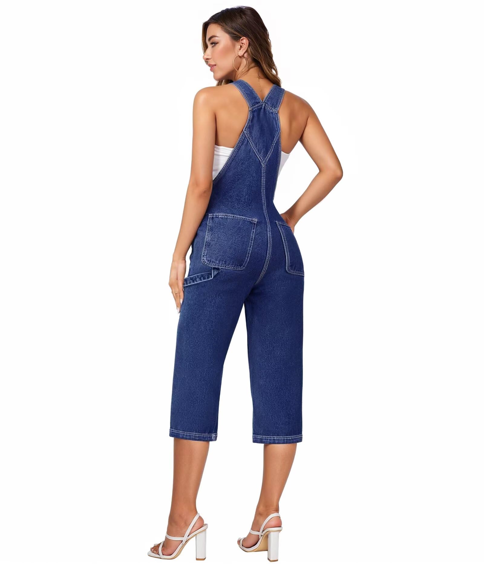 Hybrid & Company Womens Denim Bib Sleeveless Overalls Utility Rompers Capri Jumpsuit with Pockets - Image 3