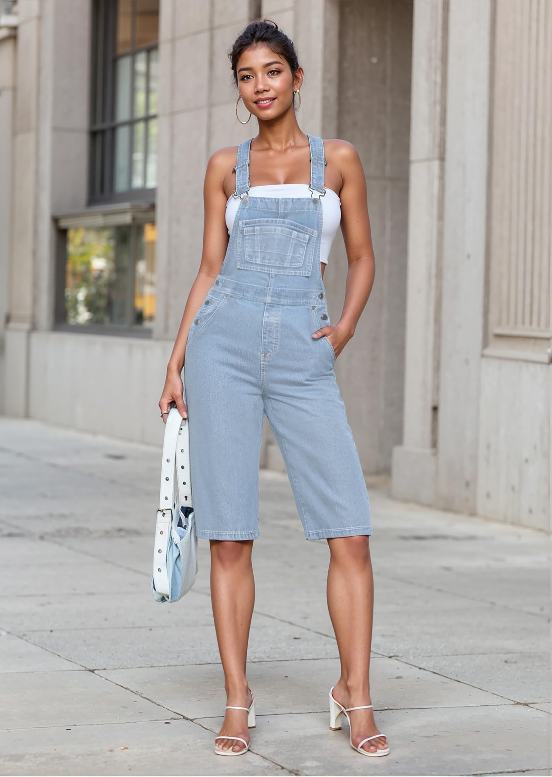 Hybrid & Company Womens Leisure Adjustable Straps Stretch Bermuda Short Denim jumpsuits Overalls - Image 6