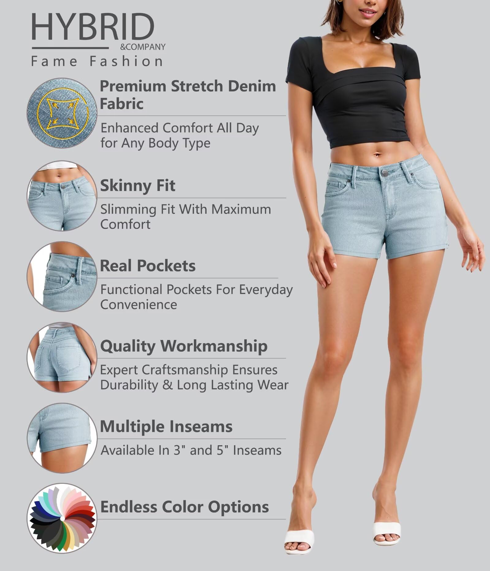 Hybrid & Company Womens Mid Rise Denim Stretchy Jean Shorts with Pockets - Image 4