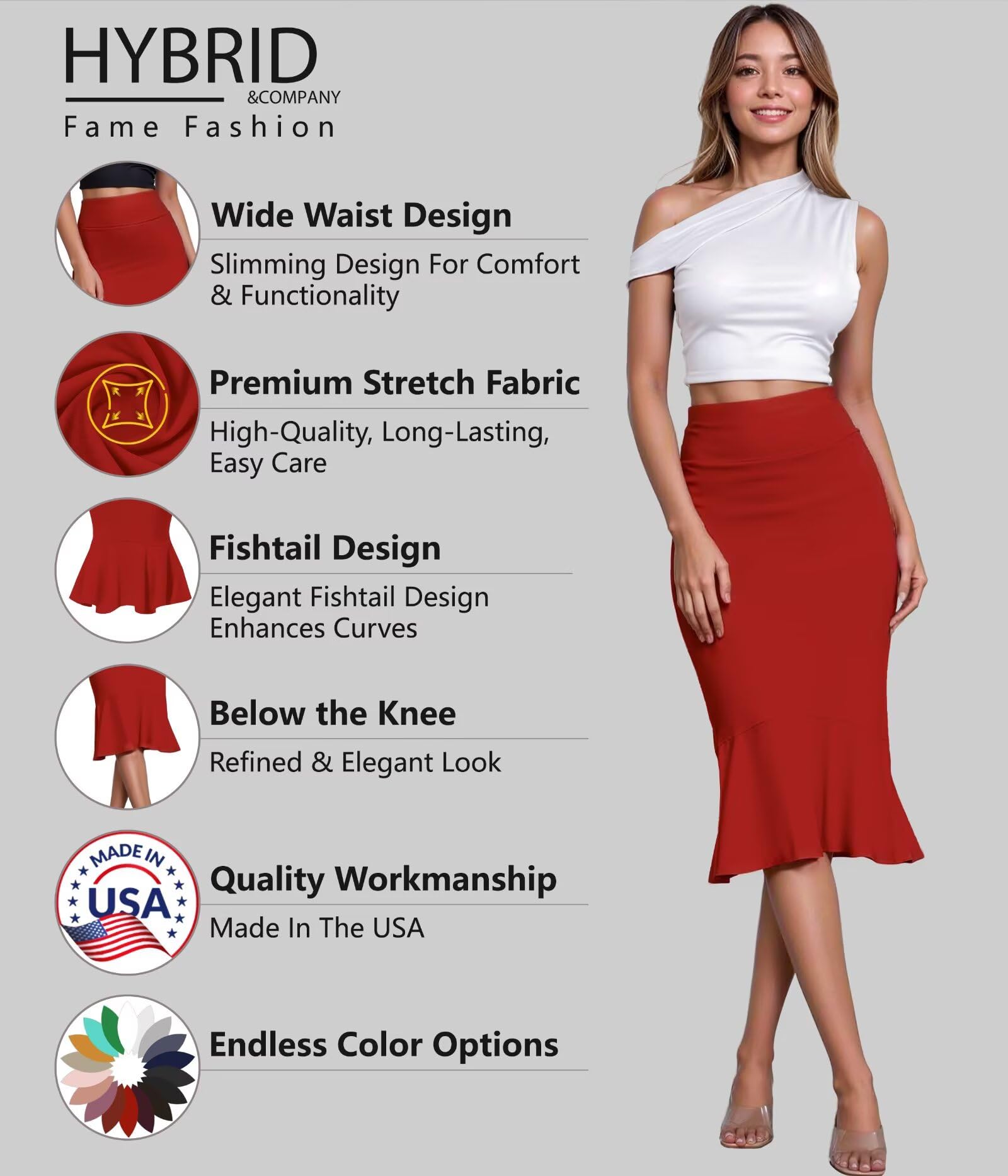HyBrid & Company Womens Premium Nylon Ponte Stretch Office Fishtail Pencil Skirt High Waist Made in The USA Below Knee - Image 4