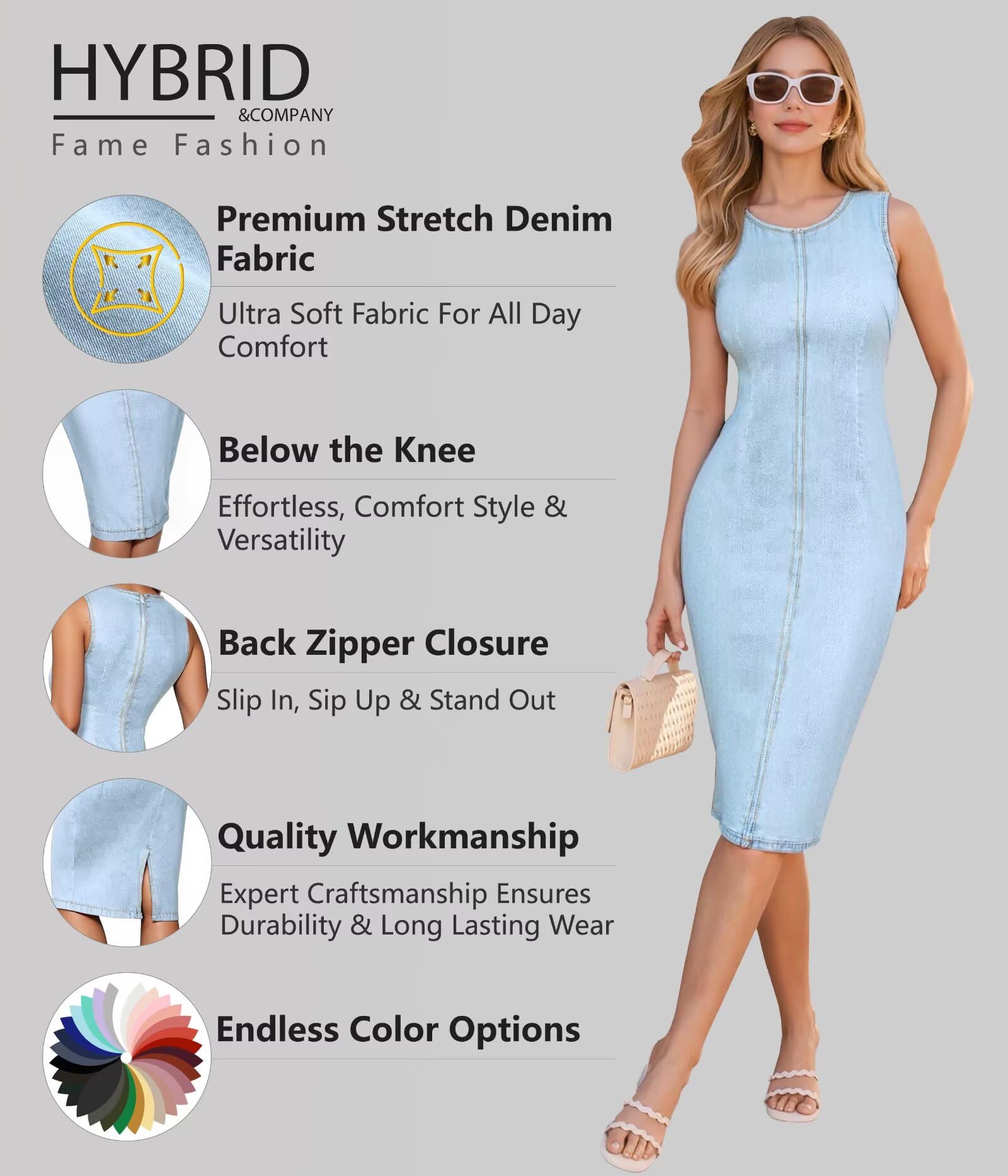 Hybrid & Company Womens Super Stretch Slim Fit Crew Neck Sleeveless Denim Dress - Image 4