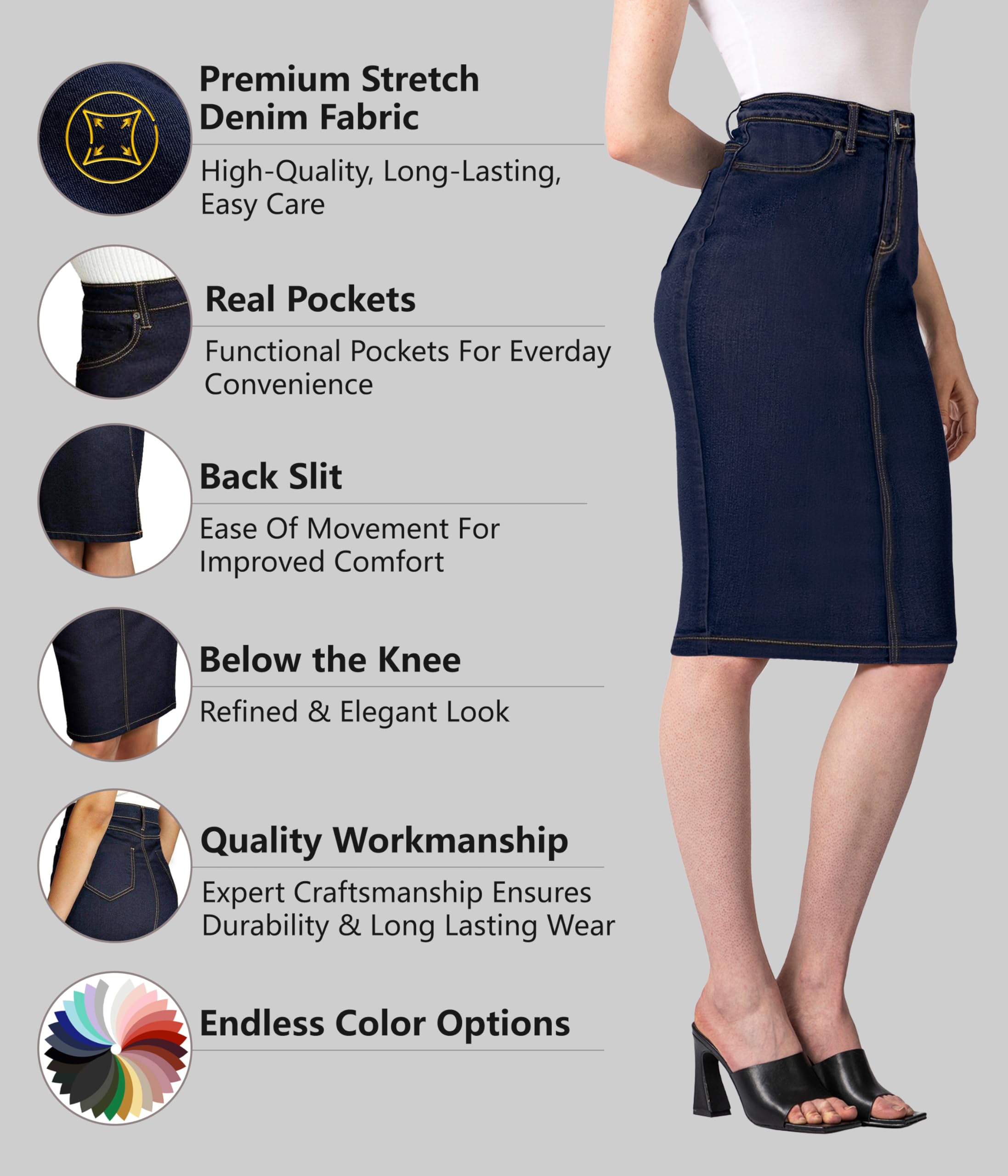 Lexi Womens Stretch Pencil Skirts with Functional Pockets, A Line & Destructed Mini Denim Skirts - Image 4